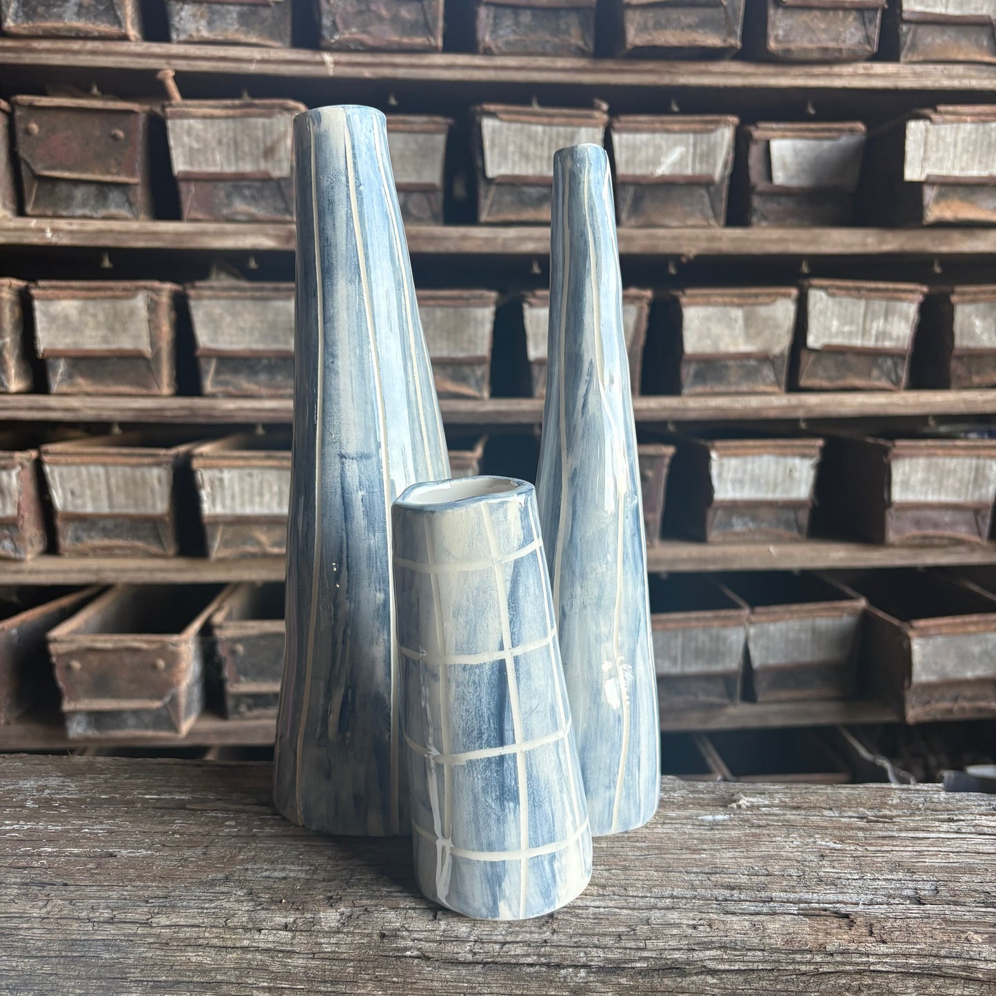 Blue Etched Stem Vase Sets