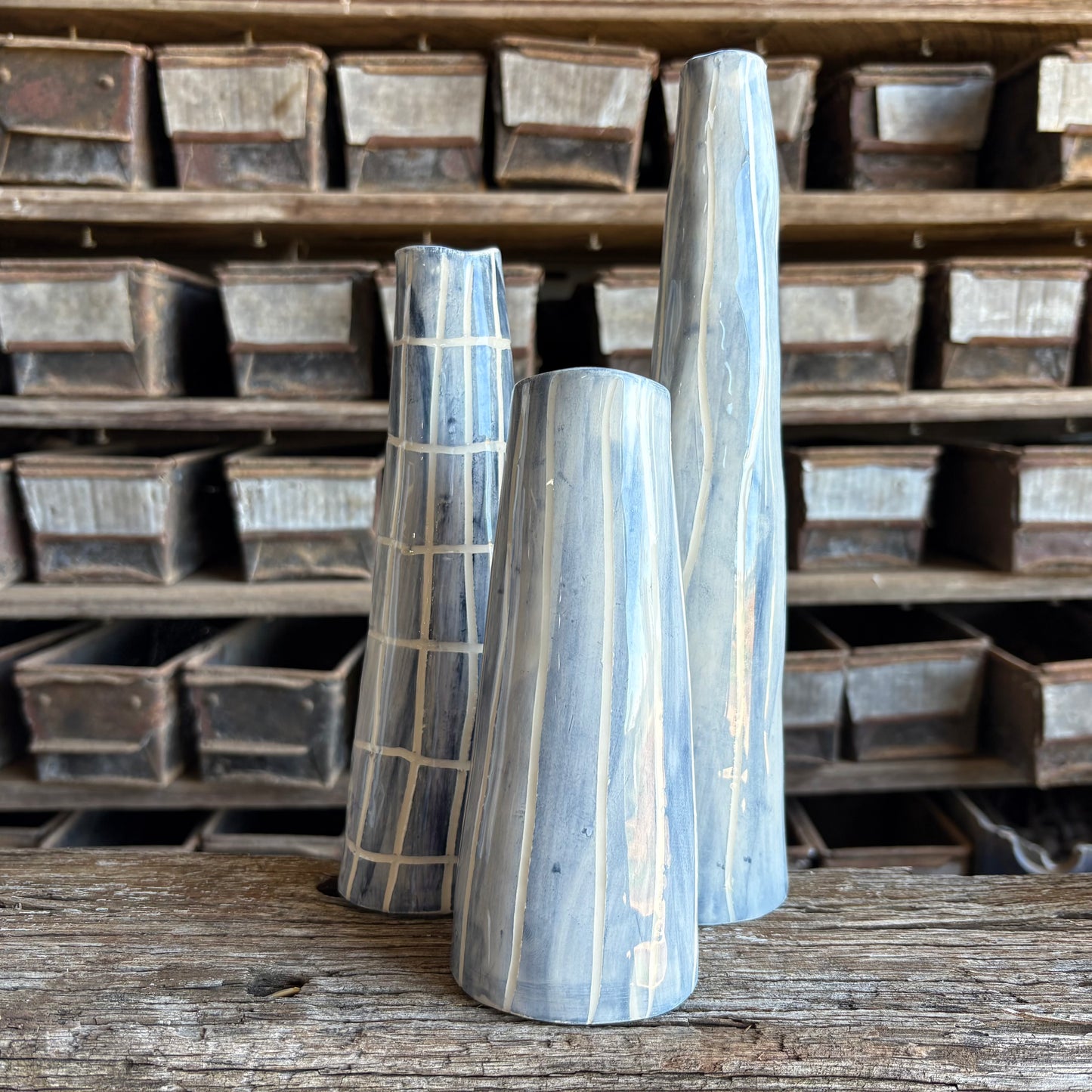 Blue Etched Stem Vase Sets